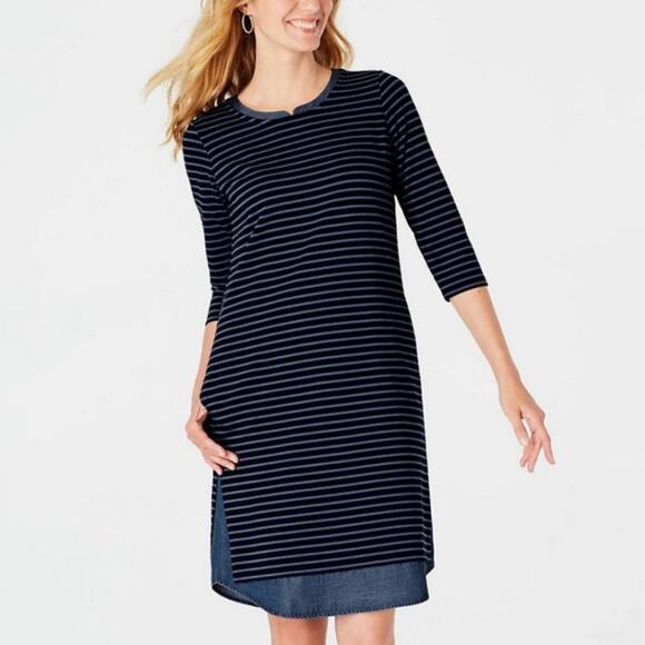 J. Jill 3/4 Sleeve Navy Striped Shift Dress Tencel Denim Shirt Tail Size Small - Picture 1 of 11